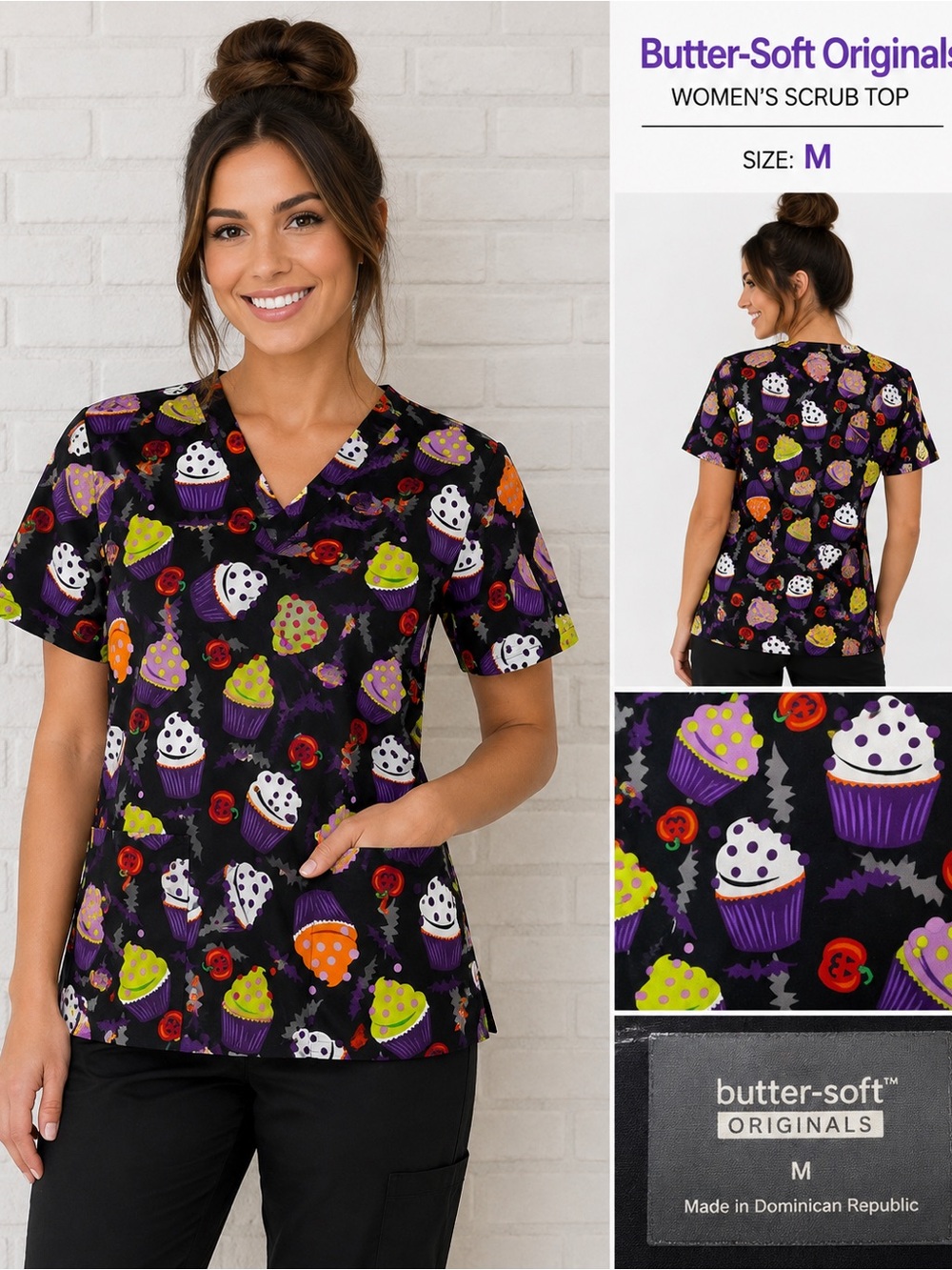 Butter-Soft Originals Halloween Cupcake Print Scrub Top nurse Women’s Medium